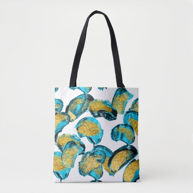 Bolsa Tote Azul aquarela, turquesa, arte dourada. (Frente)