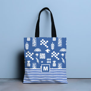 Bolsa Tote Azul Branco Abstrato Geométrico Floral Monograma P