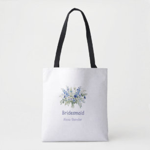 Bolsa Tote azul branco floral damas de honra nome roxo modern