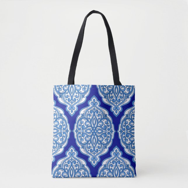 Bolsa Tote Azul-branco-luxo, ornamento turco. (Frente)