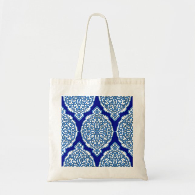 Bolsa Tote Azul-branco-luxo, ornamento turco. (Frente)