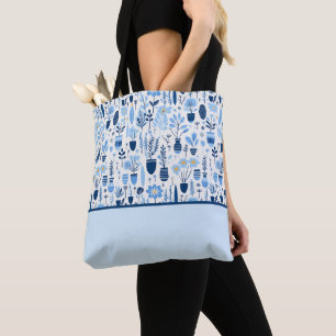 Bolsa Tote Azul, Branco, Plantas de Contentor Amarelas, Bloco