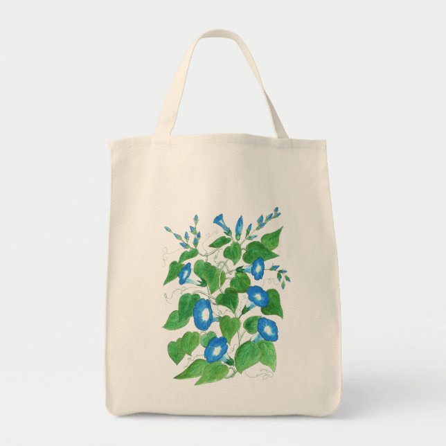 Bolsa Tote Azul, Branco, Saco Verde, Glórias da Manhã (Frente)