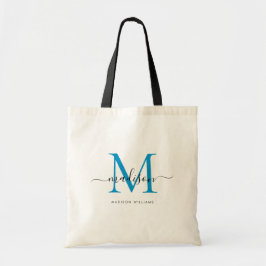 Bolsa Tote Azul Brilhante Monograma Preto Elegante Nome Scrip