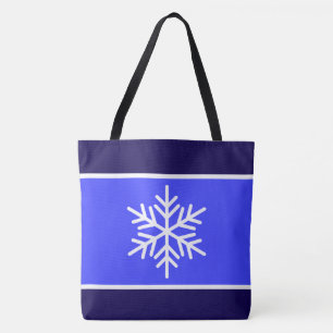 Bolsa Tote Azul Brilhante Nórdico Listras Brancas Flocos de N