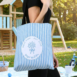 Bolsa Tote Azul Caprichoso Listra Branca Préppy Mãe Estabelec