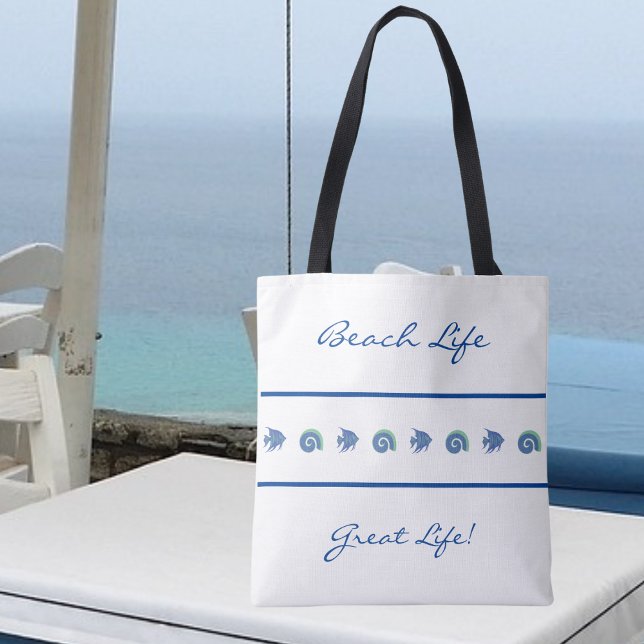 Bolsa Tote Azul Chic e Strips Brancos Shell Fish Beach Life (Criador carregado)