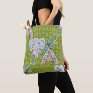 BOLSA TOTE AZUL & CINZA BOHO BABY ELEFHANT & DREAMCATCHER