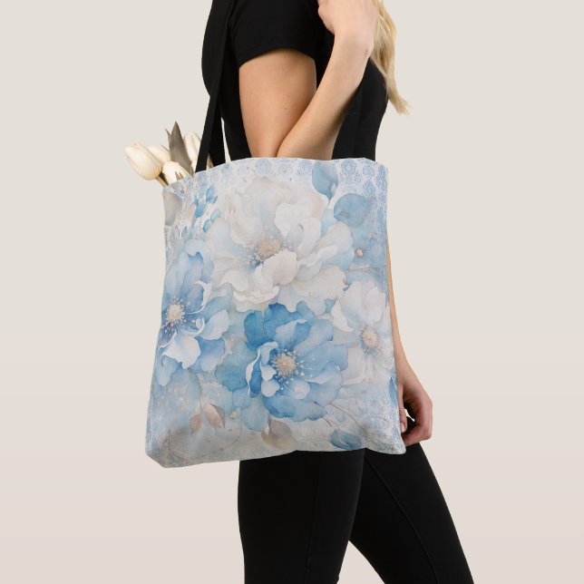 Bolsa Tote Azul claro e floral branco (Close Up)