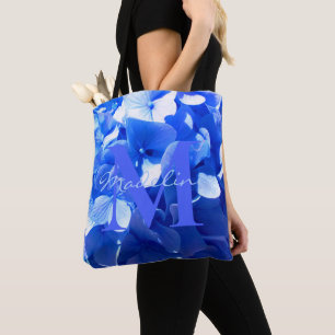 Bolsa Tote Azul cobalto floral elegante caligrafia azul