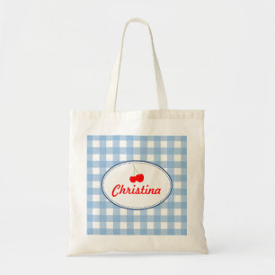 Bolsa Tote Azul-country gingham padrão de cereja vermelha pes
