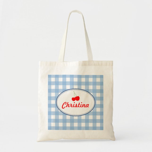 Bolsa Tote Azul-country gingham padrão de cereja vermelha pes (Frente)