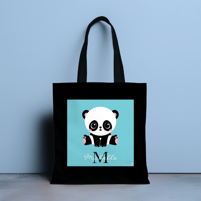 Bolsa Tote Azul de bolha personalizada Panda branca monograma (Criador carregado)