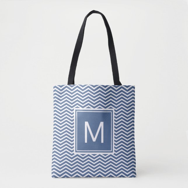 Bolsa Tote Azul de Riverside Moderno com Chevron e Monograma (Frente)