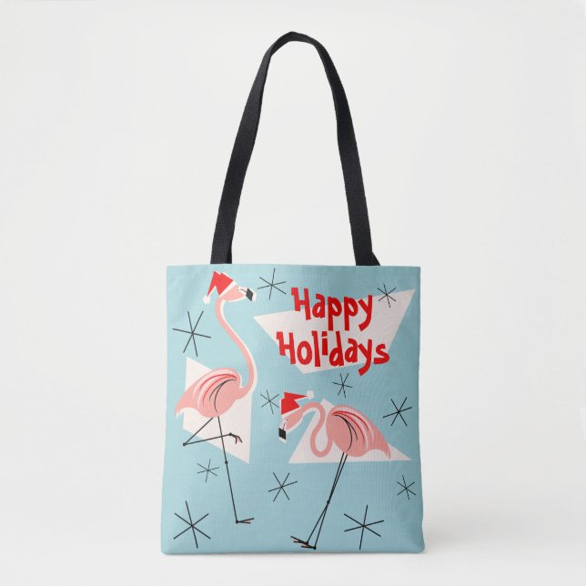 Bolsa Tote Azul de Santa do flamingo boas festas all over (Frente)