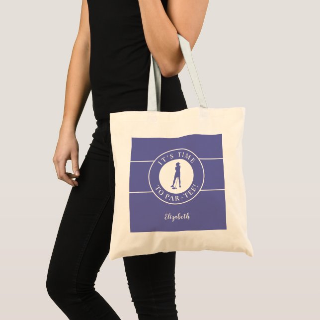 Bolsa Tote Azul Divertido Golfista Par Tempo de Saída Golfe F (Frente (produto))
