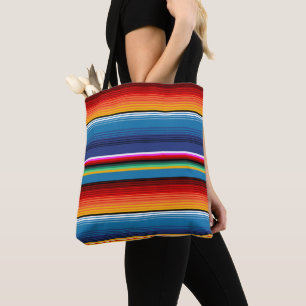 Bolsa Tote Azul Dourado Vermelho Mexicano Sarape