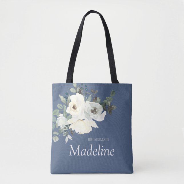 Bolsa Tote Azul Dusty e Floral Branco - Azul Dusty (Frente)