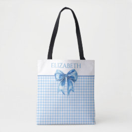 Bolsa Tote Azul e Branco Xadrez e Laço Préppy