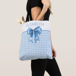 Bolsa Tote Azul e Branco Xadrez e Laço Préppy