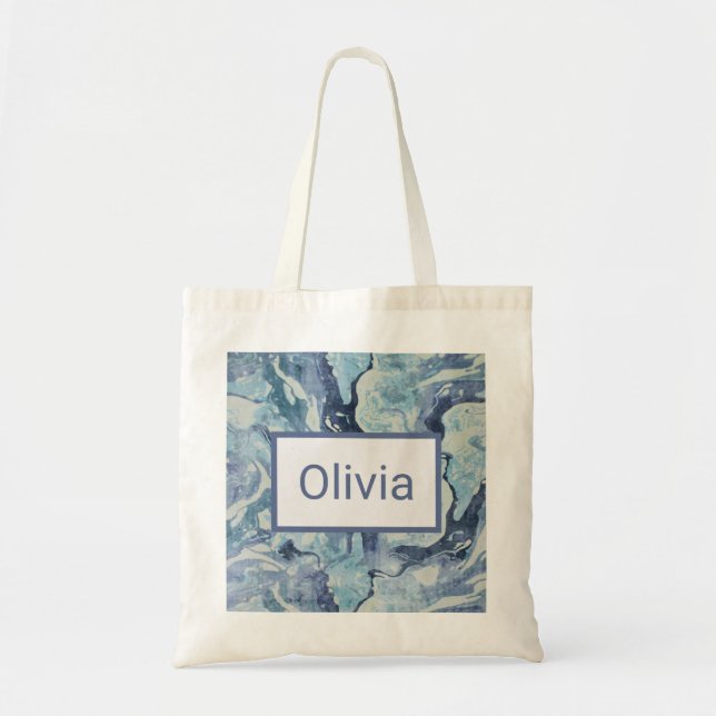 Bolsa Tote Azul e Cinza Marble Watercolor Personalizados (Frente)