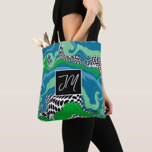 Bolsa Tote Azul e Sage - Arte Verde Fluida Monogramada