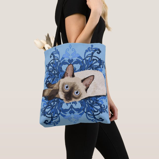 Bolsa Tote Azul Elegante Floral Siamês Gato Bonito Felino (Close Up)