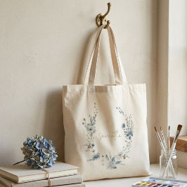 Bolsa Tote Azul Empoeirado Flora Verde de Primavera Monograma