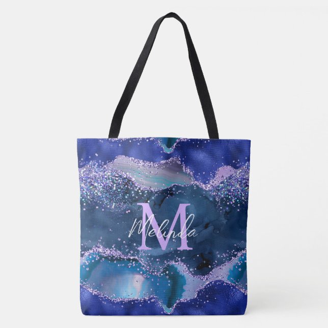Bolsa Tote Azul Escuro e Glitter Agate do Oceano Glitter Púrp (Frente)