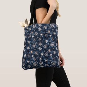 Bolsa Tote Azul Escuro Simples com Flocos de Neve