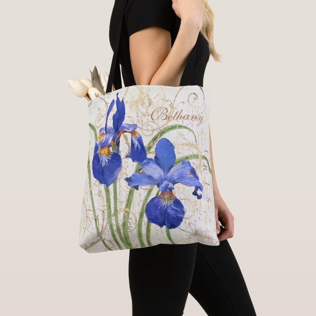 Bolsa Tote Azul Floral Iris Dourado Damask Monograma Nome (Close Up)