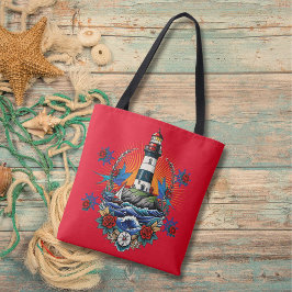 Bolsa Tote Azul Floral Vermelho do Farol Náutico
