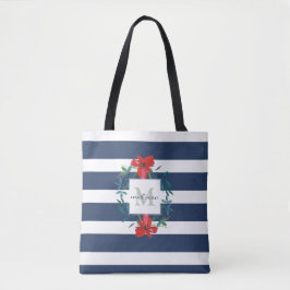 Bolsa Tote Azul floral vermelho & o branco listram o