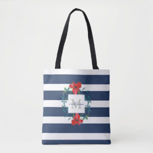 Bolsa Tote Azul floral vermelho & o branco listram o