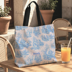 Bolsa Tote Azul floral vintage turquesa toile jouy monograma