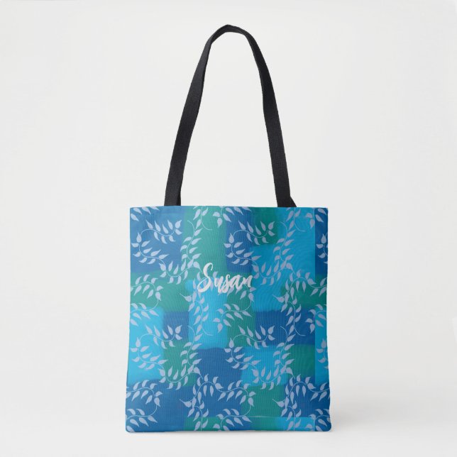Bolsa Tote Azul, folha de folhas, cor de água azul (Frente)