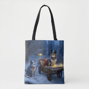 Bolsa Tote Azul Heeler Snowy Sleigh Decência de Natal