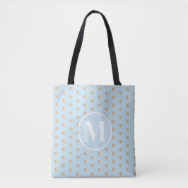 Bolsa Tote Azul Macio Dourado Pontos de Bolha Monograma Branc