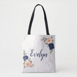 Bolsa Tote Azul-Marinho Bonito Russo, Peach Floral Personaliz