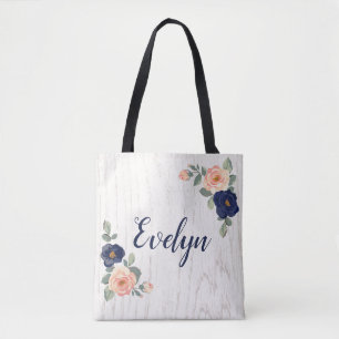 Bolsa Tote Azul-Marinho Bonito Russo, Peach Floral Personaliz