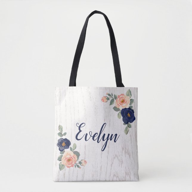 Bolsa Tote Azul-Marinho Bonito Russo, Peach Floral Personaliz (Frente)