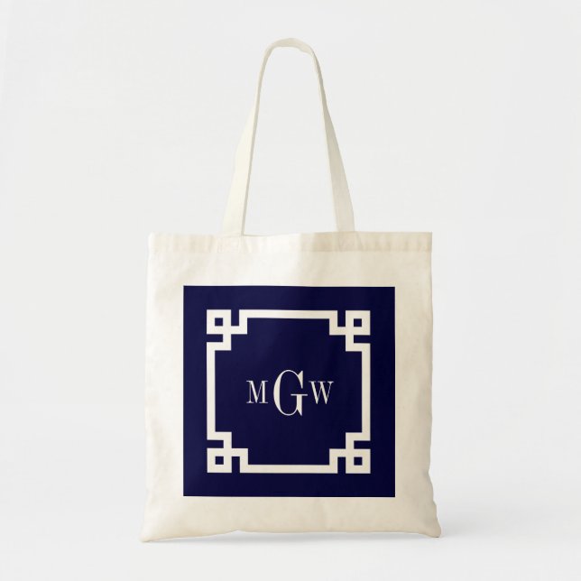 Bolsa Tote Azul Marinho C/ Chave Grega #2 Moldura 3 Monograma (Frente)