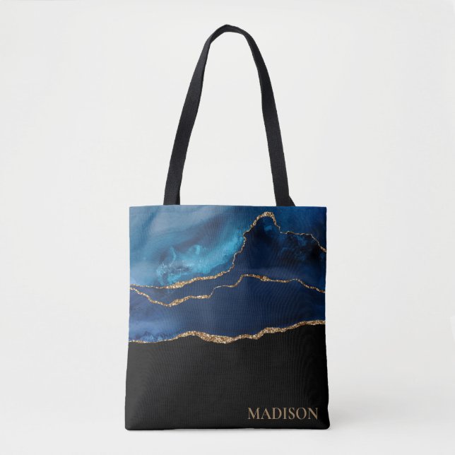 Bolsa Tote Azul Marinho Clássico com Brilho Dourado e Nome (Frente)