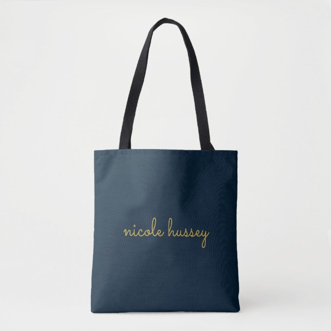 Bolsa Tote Azul Marinho Dourado Script | Monograma Moderno El (Frente)