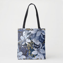 Bolsa Tote Azul Marinho e Dourado Floral Aquarelado Elegante