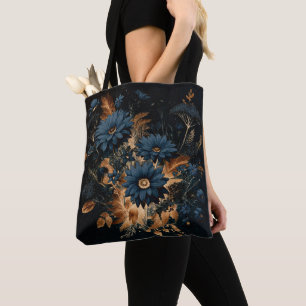 Bolsa Tote Azul Marinho Escuro & Dourado Floral Rústico Glam 