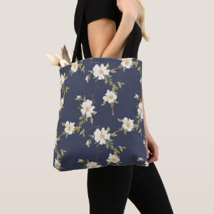 Bolsa Tote Azul Marinho Floral Branco