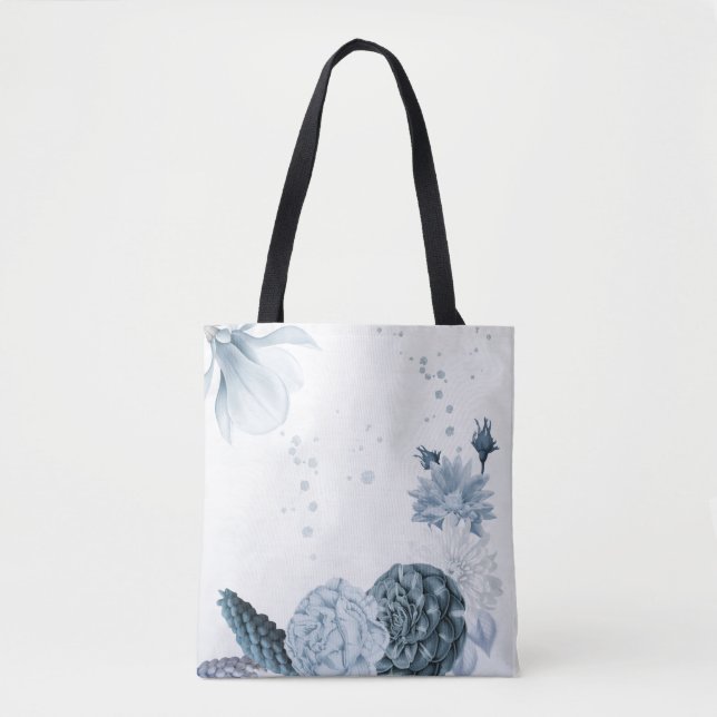 Bolsa Tote azul naval flores botânicas empoeiradas (Frente)