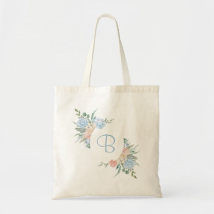 Bolsa Tote Azul poeirento e floral personalizado rosa bege
