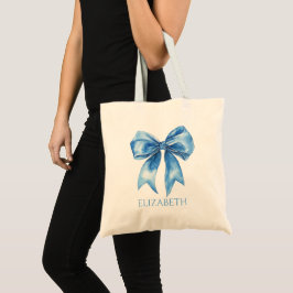 Bolsa Tote Azul Préppy e Laço Branco Personalizado